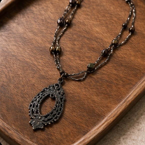 Artisan Beaded Statement Necklace Dark Pendant Boho Vintage - Picture 2 of 5